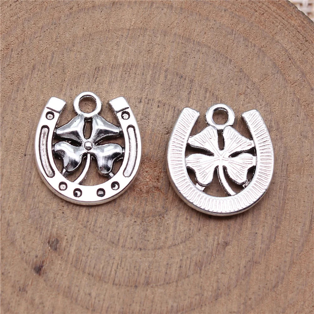 16x15mm 1.3g Antique Silver Zinc Alloy Four Leaf Clover Horseshoe Charm Pendant for DIY Jewelry Making