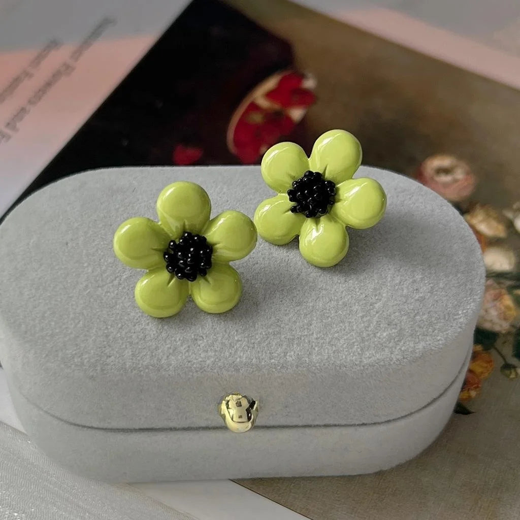 Avocado Green Flower Stud Earrings Silver Plated Metal Fresh Minimalist Summer Jewelry