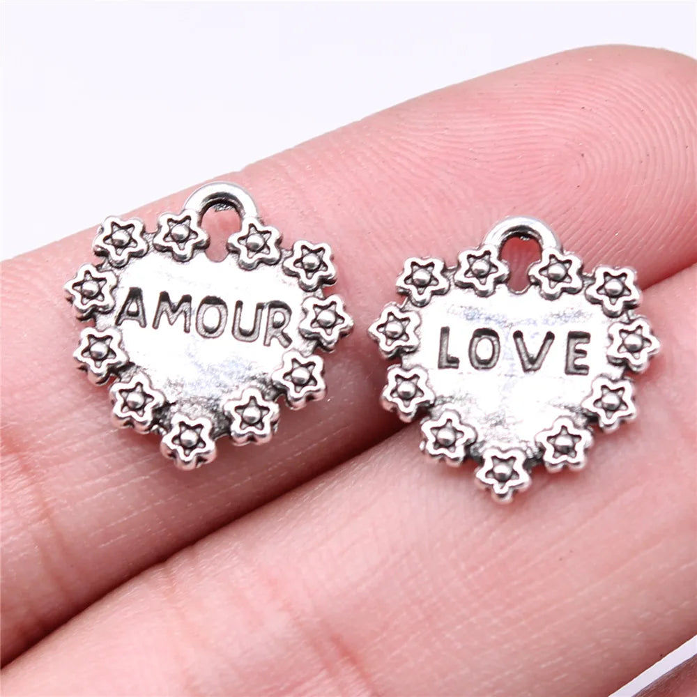 16x15mm 1g Antique Silver Zinc Alloy LOVE AMOUR Heart Charm Pendant for DIY Jewelry Making