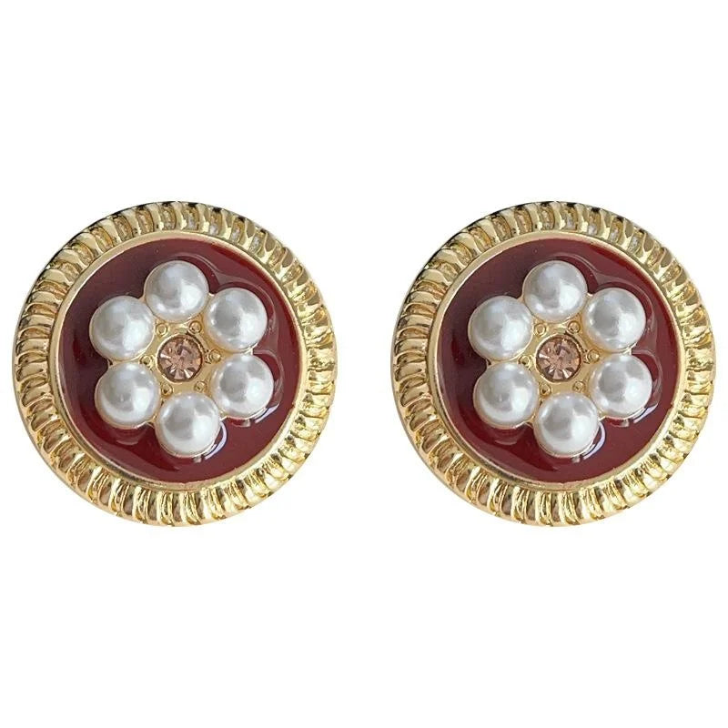 French Retro Burgundy Round Geometric Pearl Copper Stud Earrings With Silver Plated Pins