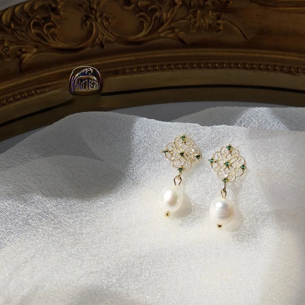 14K Gold Plated Lace Hollow Freshwater Pearl Zircon Stud Earrings French Elegant Jewelry
