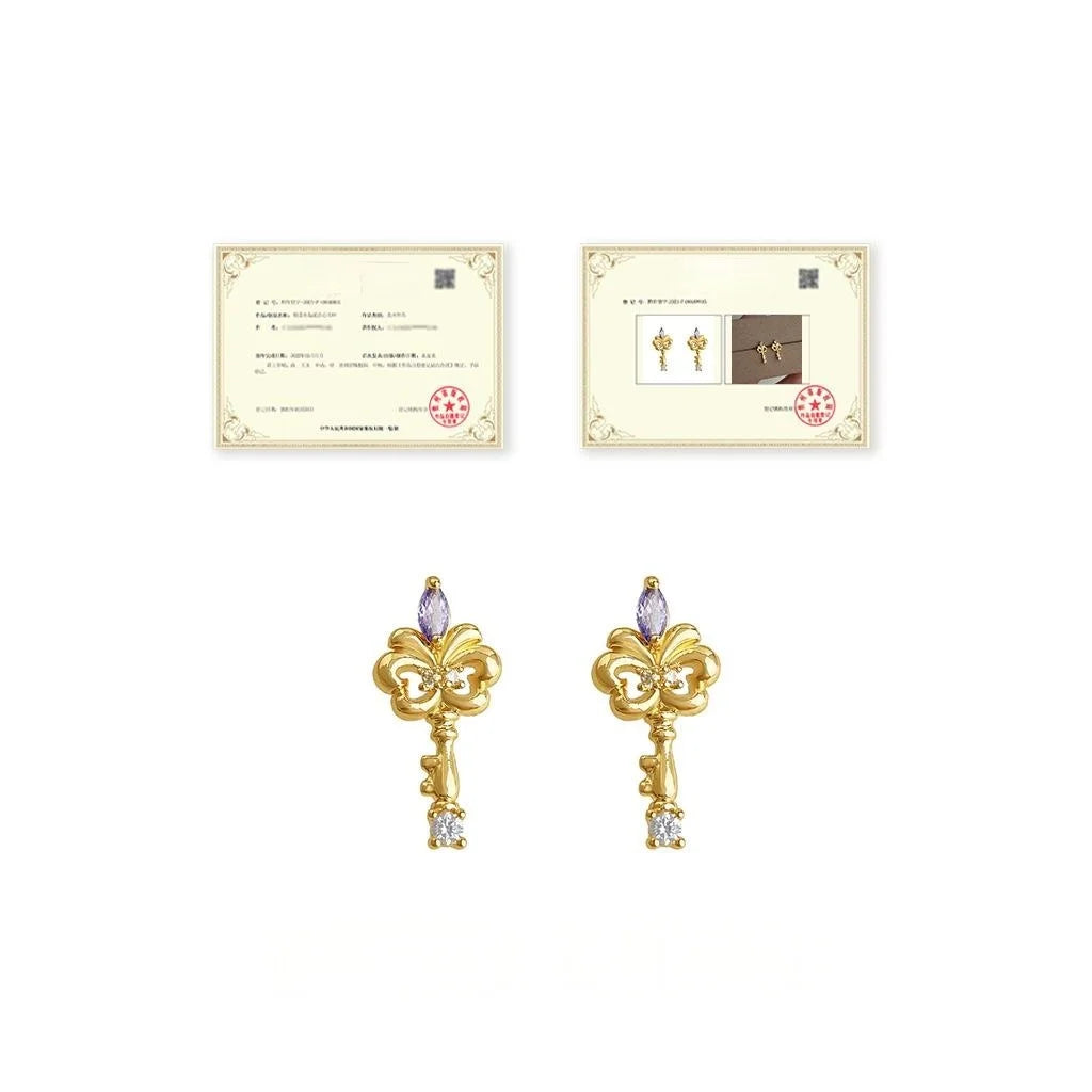 Original Designer Iris Flower Key Stud Earrings Micro Paved Zircon Copper Fashion Jewelry