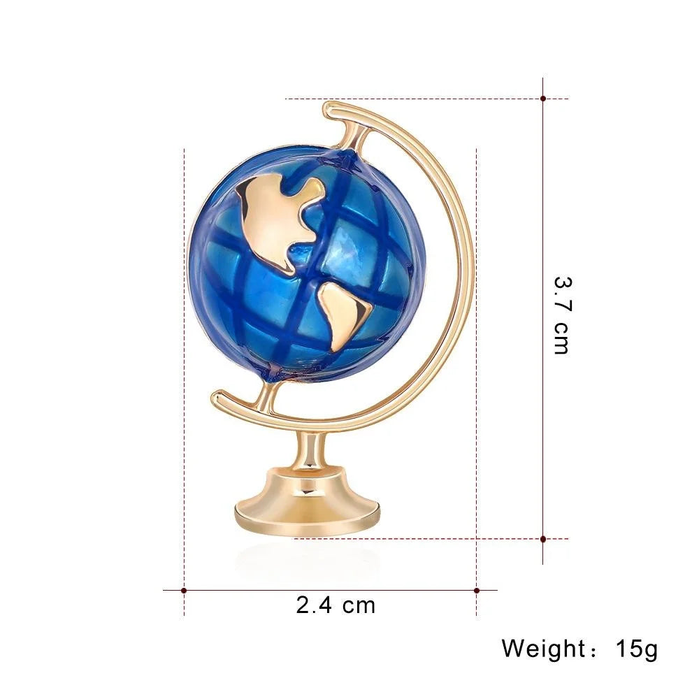 Elegant Blue Enamel Globe Planet Brooch, Gold Tone Alloy Lapel Pin Corsage Suit Accessory Gift