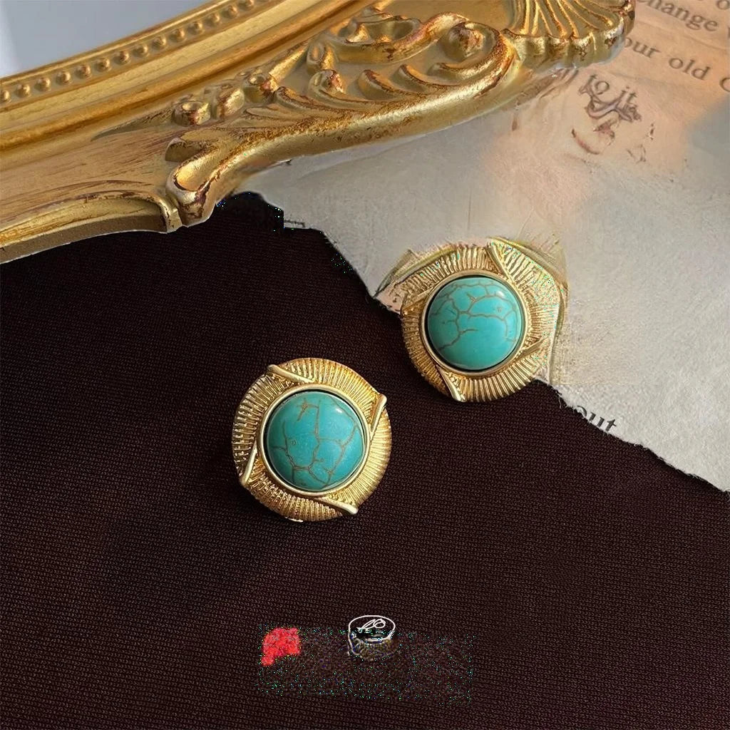 Vintage Chinese Style Synthetic Turquoise Round Geometric 14K Plated Stud Earrings