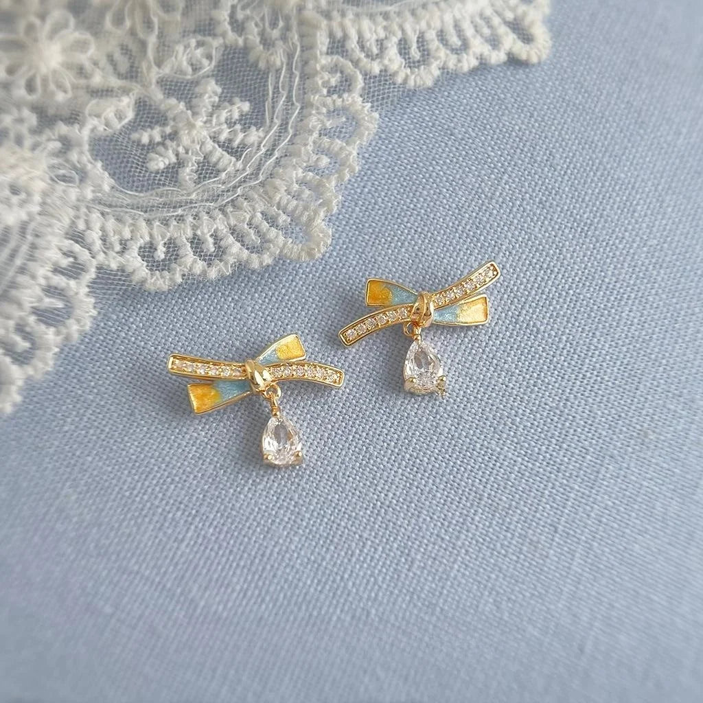 Cream Sweet Style Bow Stud Earrings 14K Plated Copper Zircon Micro Pave Enamel For Women