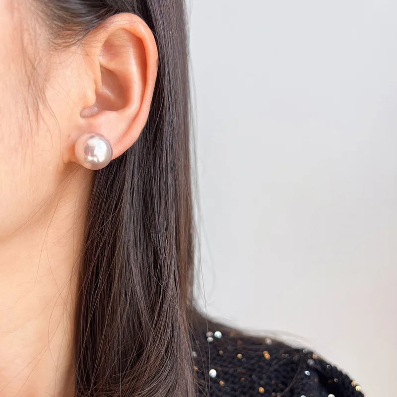 Large Light Pink Round Pearl Stud & Clip On No Piercing Elegant Minimalist 14mm Women's Earrings