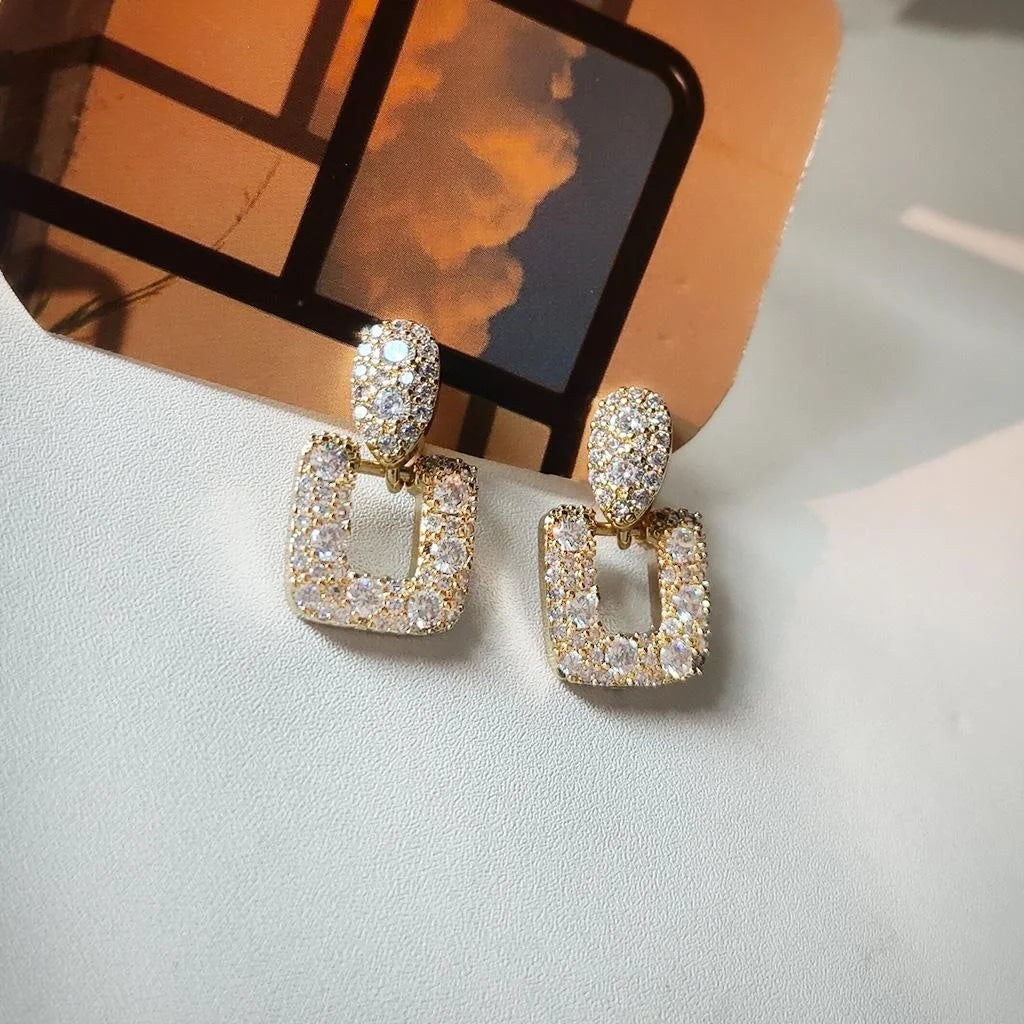 18K Gold Plated Copper Zircon Geometric Rectangle Clip On Drop Earrings