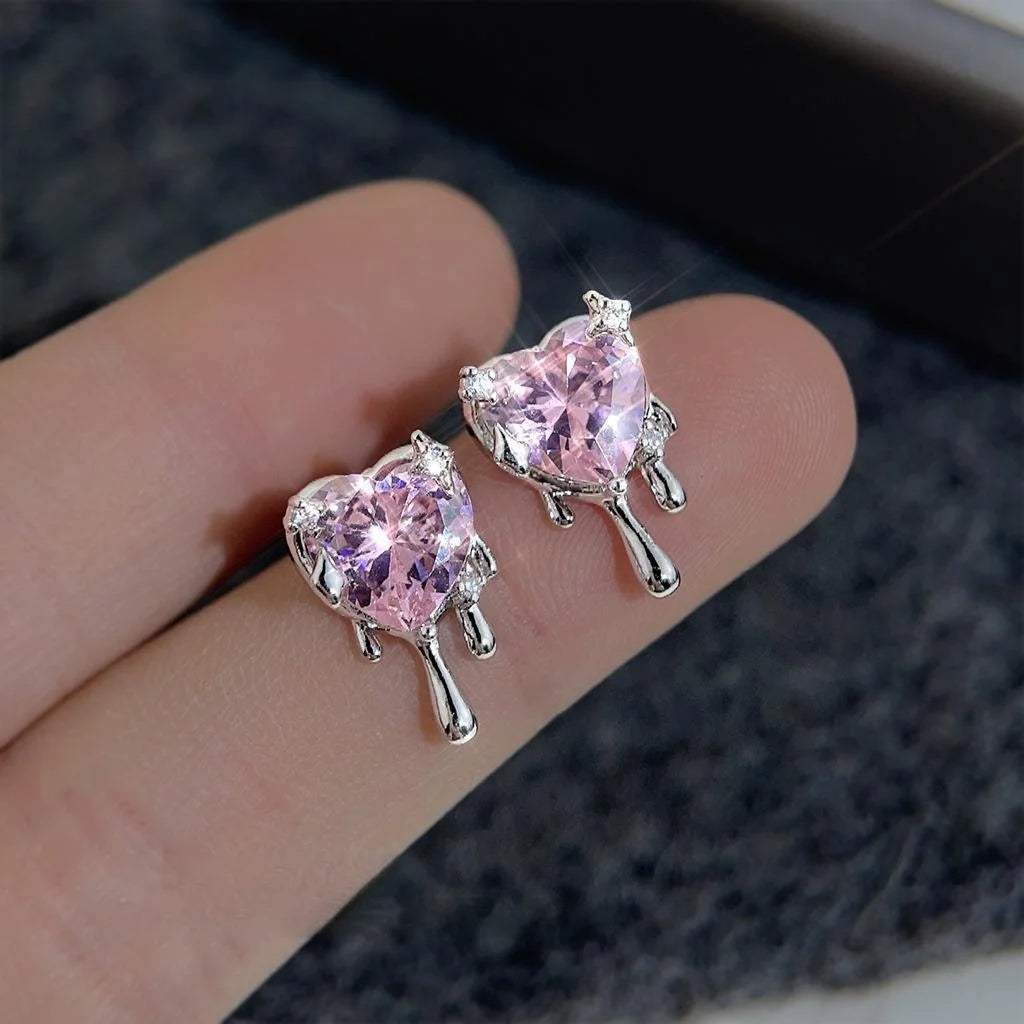Sweet Cool Liquid Pink Zircon Heart Copper Stud Earrings Minimalist Designer Jewelry