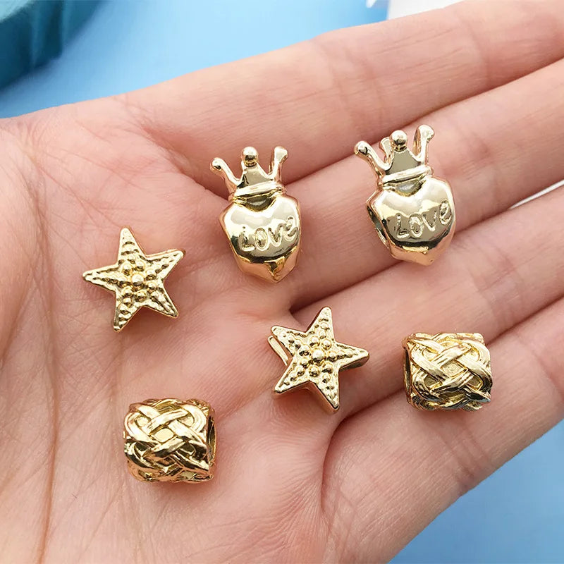 UV Gold Zinc Alloy Star Heart Crown large hole loose beads for DIY bracelets necklaces