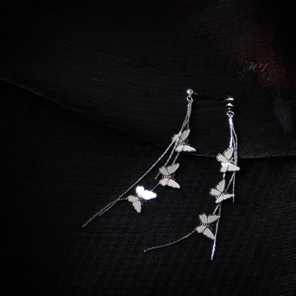 Silver Plated Copper Butterfly Tassel Drop Earrings, Japanese Korean Fashion Insect Jewelry