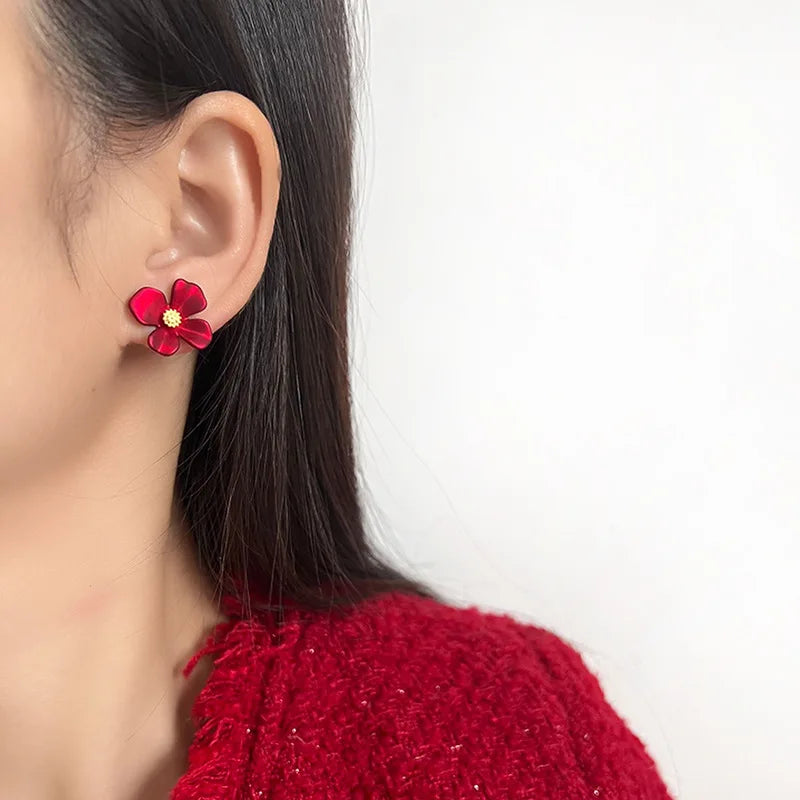 Vintage Red Enamel Flower Stud & Clip On No Piercing Alloy Gold Tone Sweet Floral Earrings