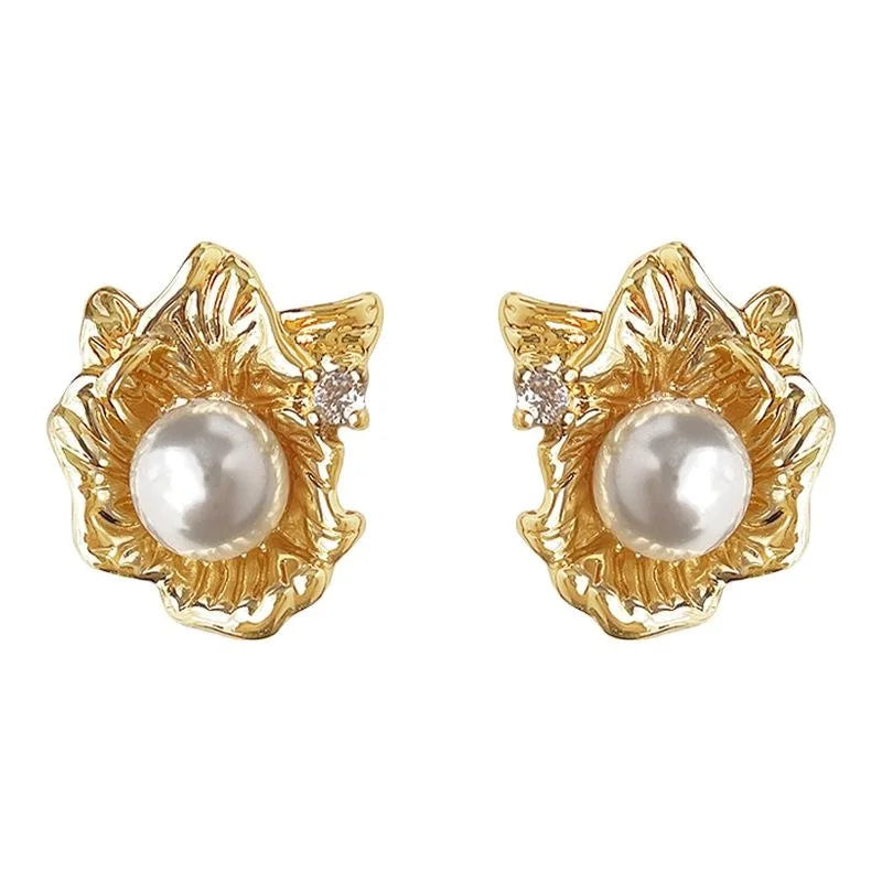 Light Luxury Irregular Floral Leaf Pearl Stud Earrings Copper Silver Plated Designer Jewelry