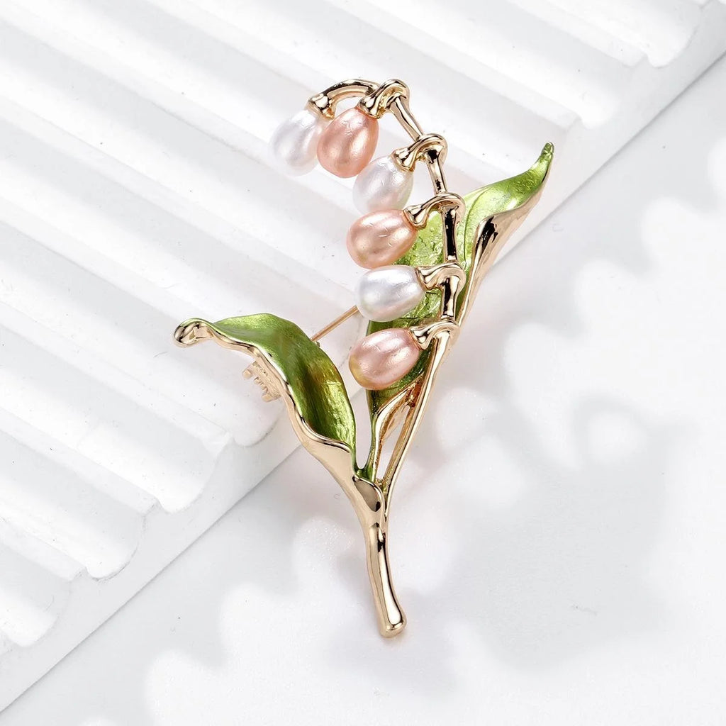 Elegant Lily Of The Valley Pearl Enamel Brooch For Women, Alloy Floral Lapel Pin Corsage Suit Accessory Gift