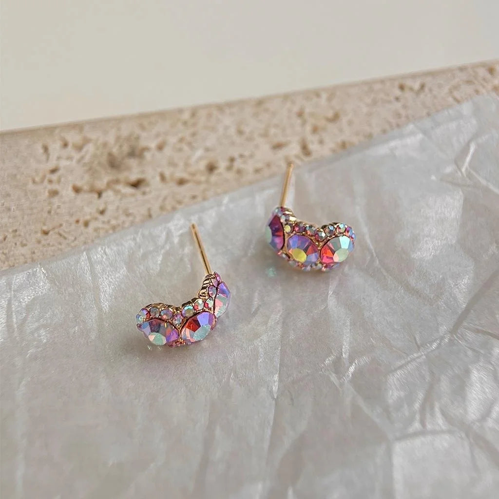 14K Gold Plated Copper Geometric Ring Line Glass Rhinestone Rose Red Stud Earrings