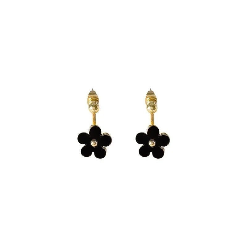 Korean Style Black White Acrylic Flower Back Hanging Stud Earrings With Copper Silver Plated Pins