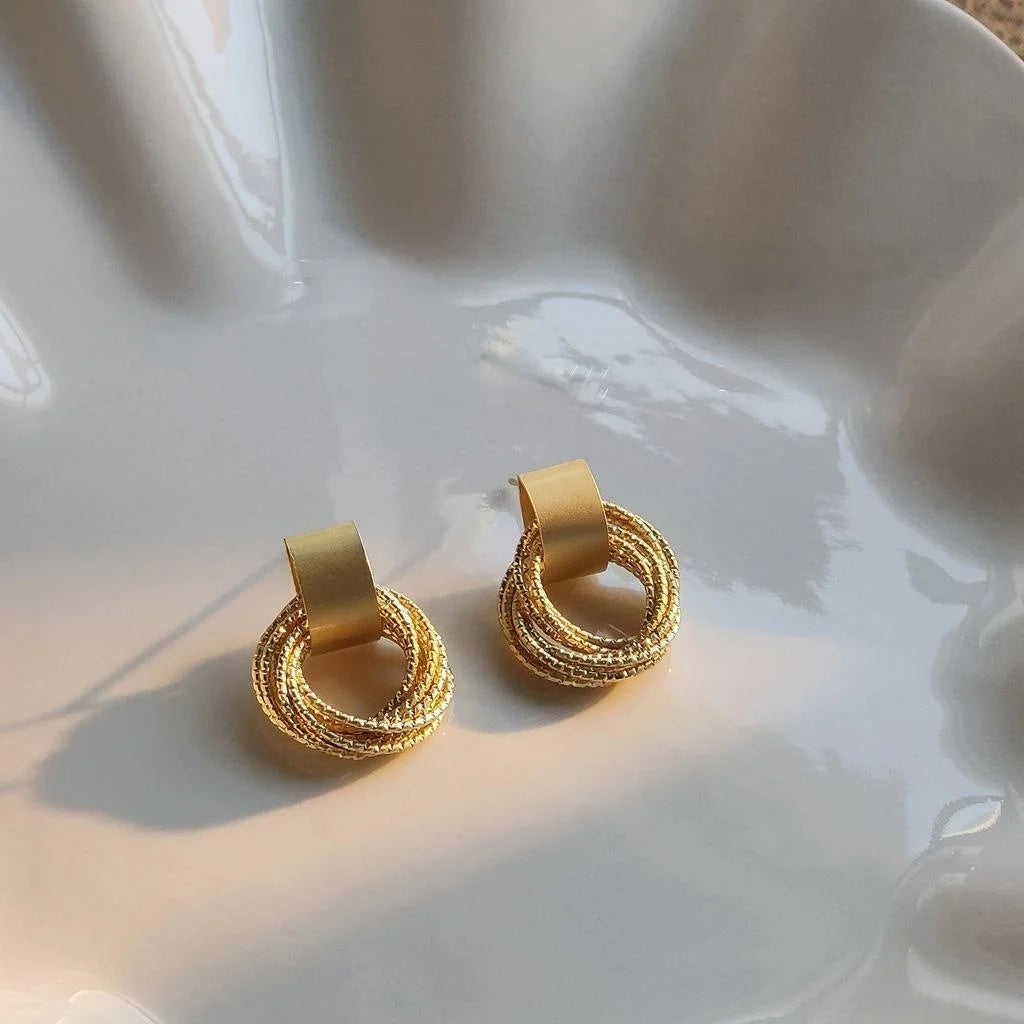 Matte Gold Plated Copper Round Geometric Stud Earrings Korean Minimalist Jewelry