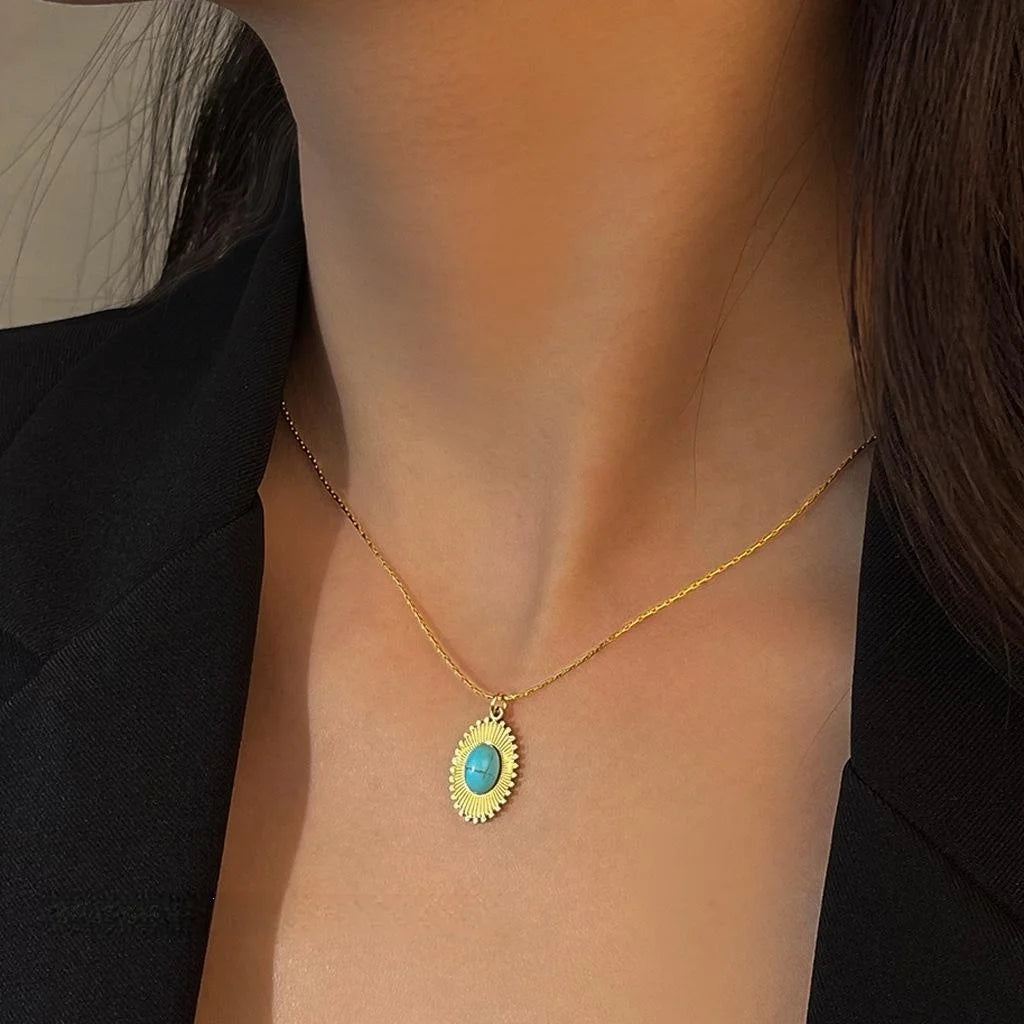 Vintage 18K Gold Plated Stainless Steel Synthetic Turquoise Sun Star Necklace