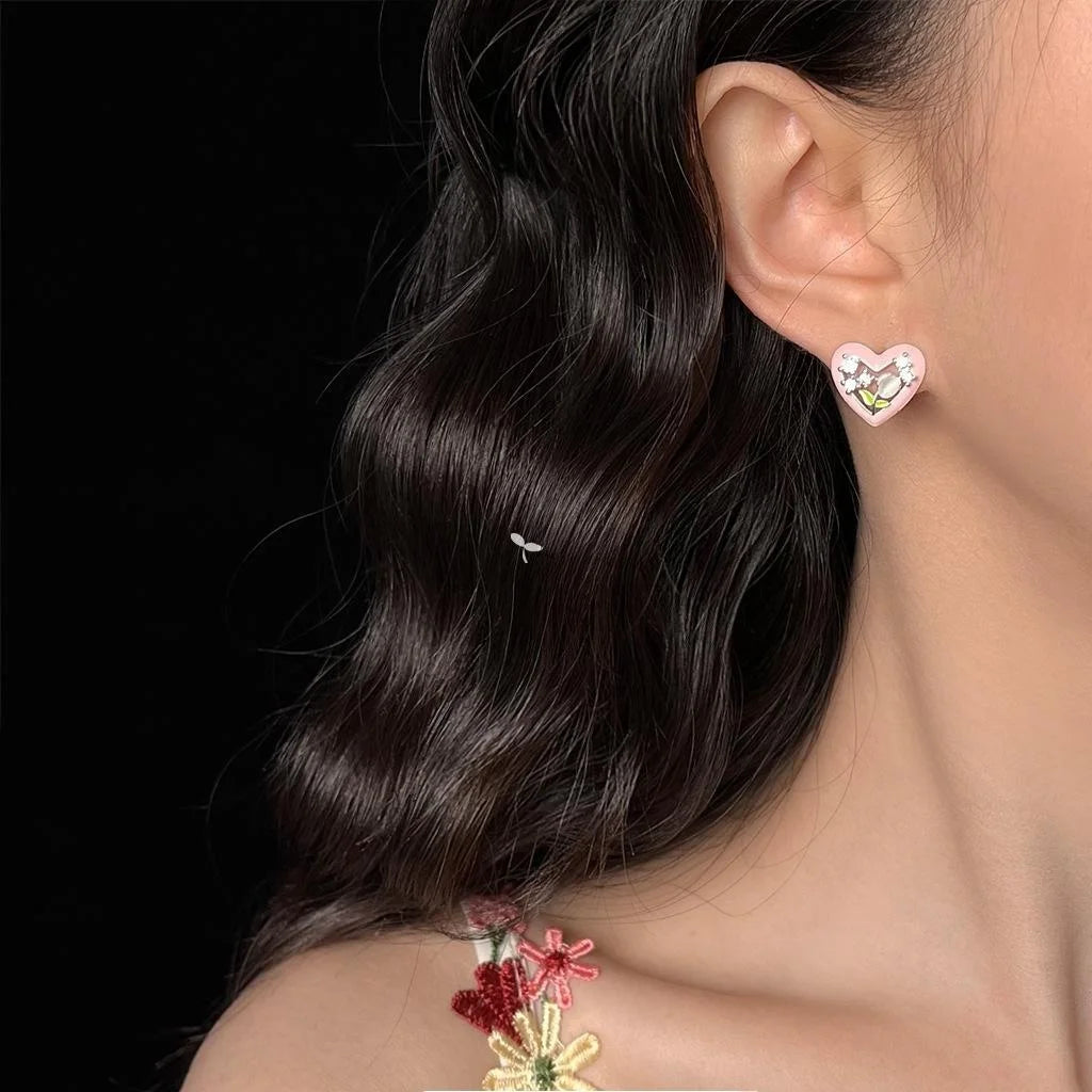 Sweet Tulip Heart Zircon Enamel Copper Stud Earrings With Silver Plated Pins