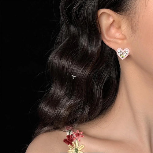 Sweet Tulip Heart Zircon Enamel Copper Stud Earrings With Silver Plated Pins