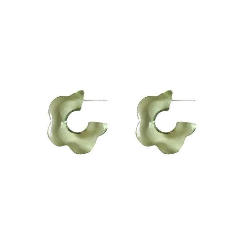 Mint Green Resin Flower C Shaped Wavy Hoop Earrings Forest Style Sweet Silver Plated Studs