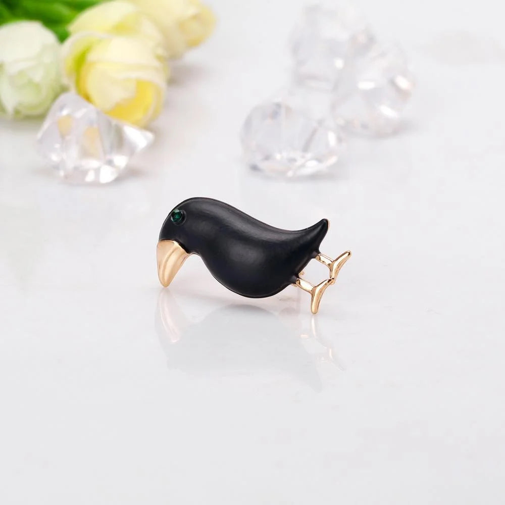 Elegant Black Crow Brooch With Gold Tone Alloy Beak And Green Rhinestone Eye, Animal Lapel Pin Suit Accessory Gift
