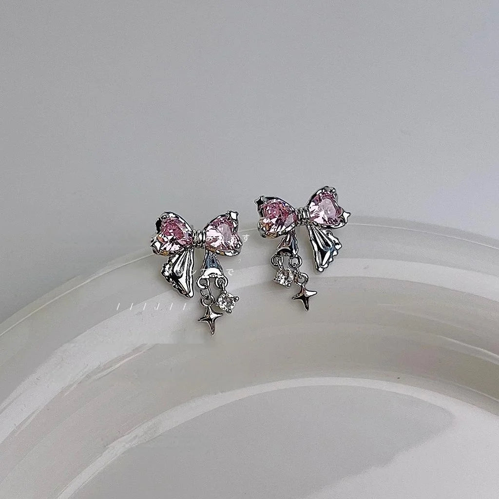 Sweet Cool Micro Pave Zircon Bow Stud Earrings Copper Cute Lolita Silver Plated Pin Jewelry