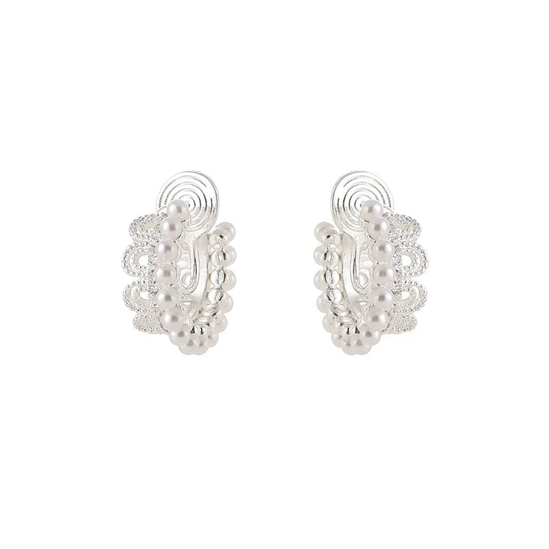 Elegant Lace Swirl Hoop Pearl Rhinestone Stud & Clip On No Piercing Women's Fashion Earrings