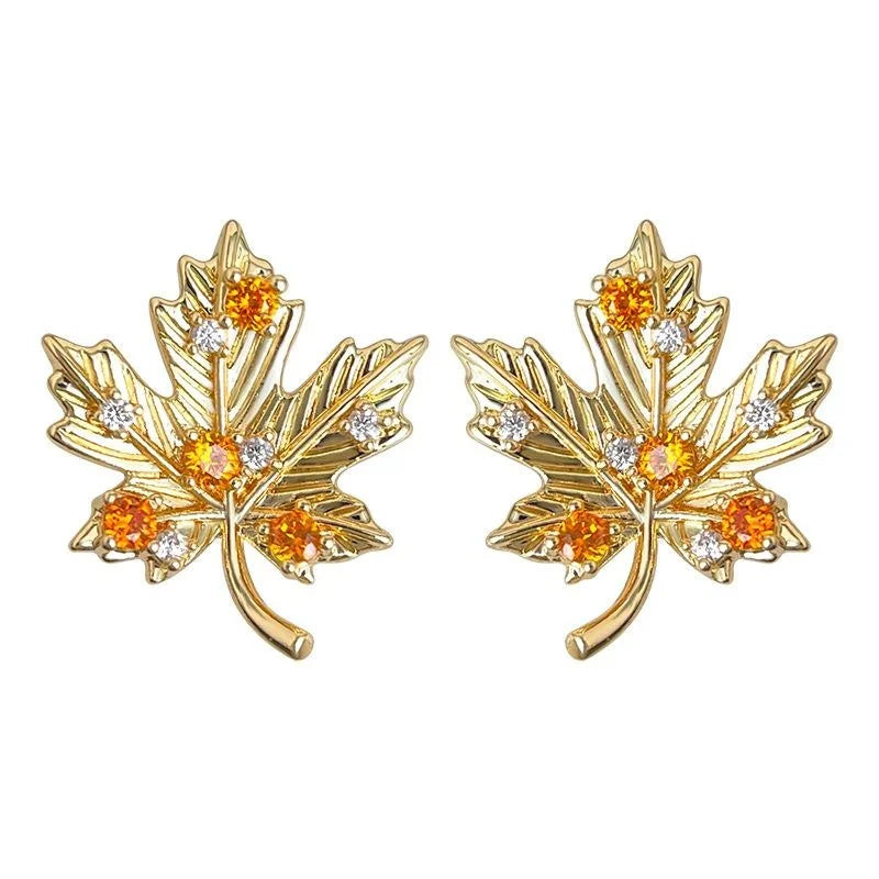 Designer Maple Leaf Micro Pave Zircon Copper Stud Earrings, Elegant Fall Style