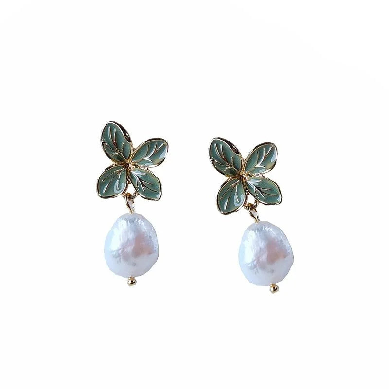 14K Gold Plated Enamel Leaf Freshwater Pearl Stud Earrings, Geometric Luxury Style