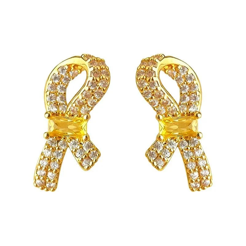 14K Plated Micro Pave Zircon Bow Stud Earrings, Elegant Minimalist Fashion Jewelry