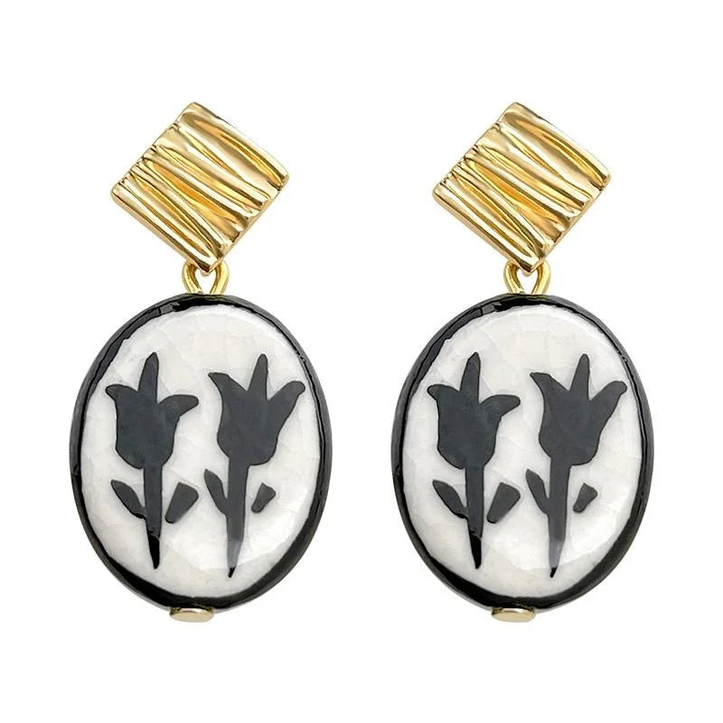 Original Design Copper Ceramic Hand Painted Tulip Flower Drop Earrings For Women