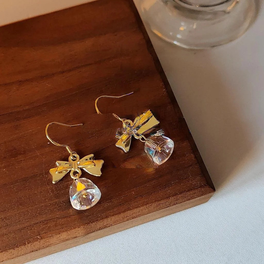 Vintage French Bow Drop Earrings Copper Glass Crystal Transparent Bell Princess Style