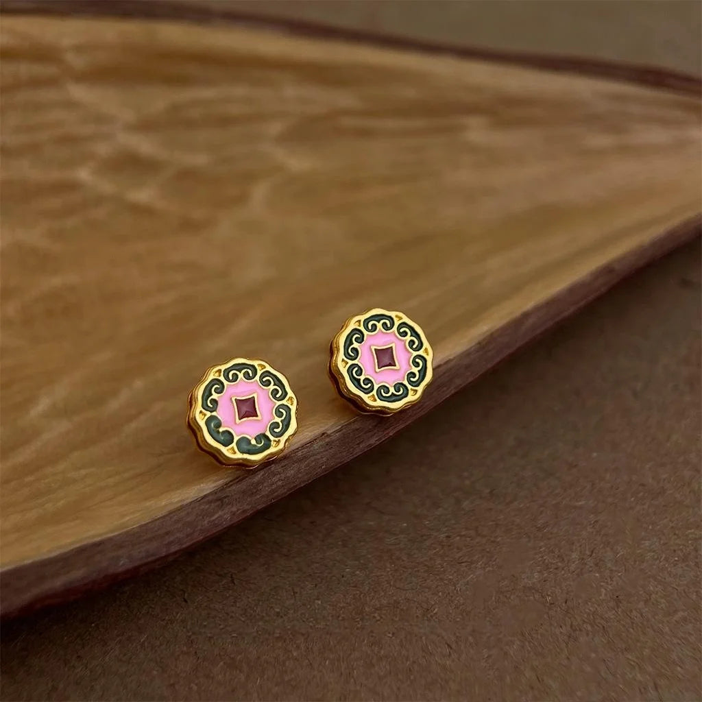 Vintage Copper Enamel Stud Earrings With Painted Geometric Floral Auspicious Cloud Design