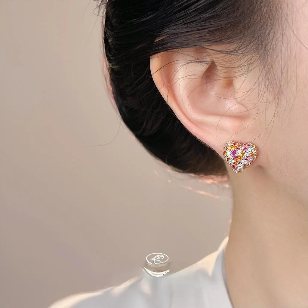 Light Luxury Full Zircon Colorful Heart Stud Earrings Copper Fashion Jewelry