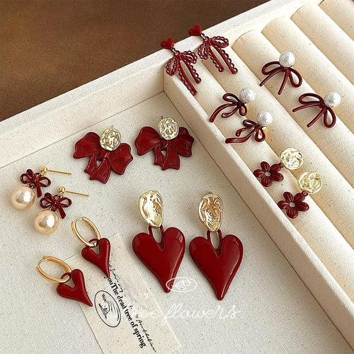 Vintage Burgundy Lacquer Copper Bow Drop Earrings for Women Autumn Winter Fashion
