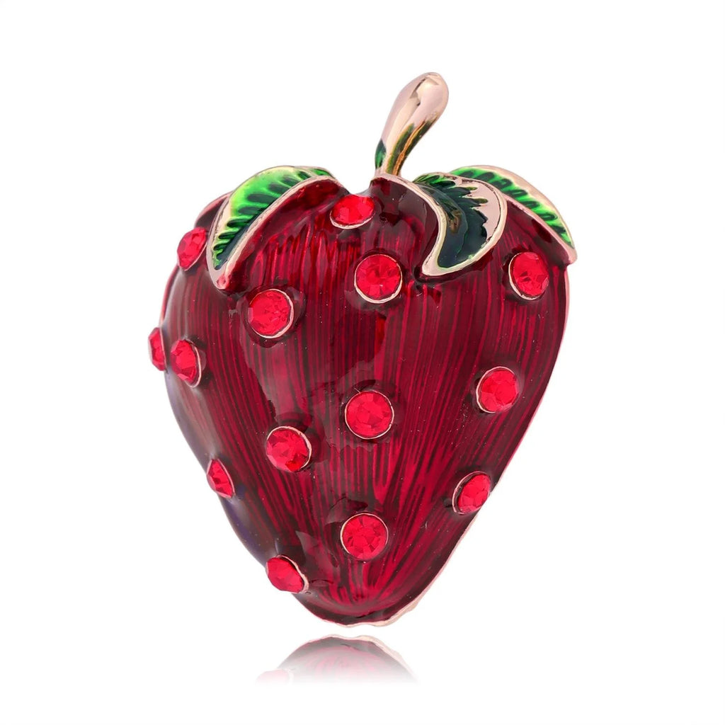 Cute Red Strawberry Brooch With Enamel Alloy And Rhinestone Accents, Elegant Lapel Pin Corsage Gift