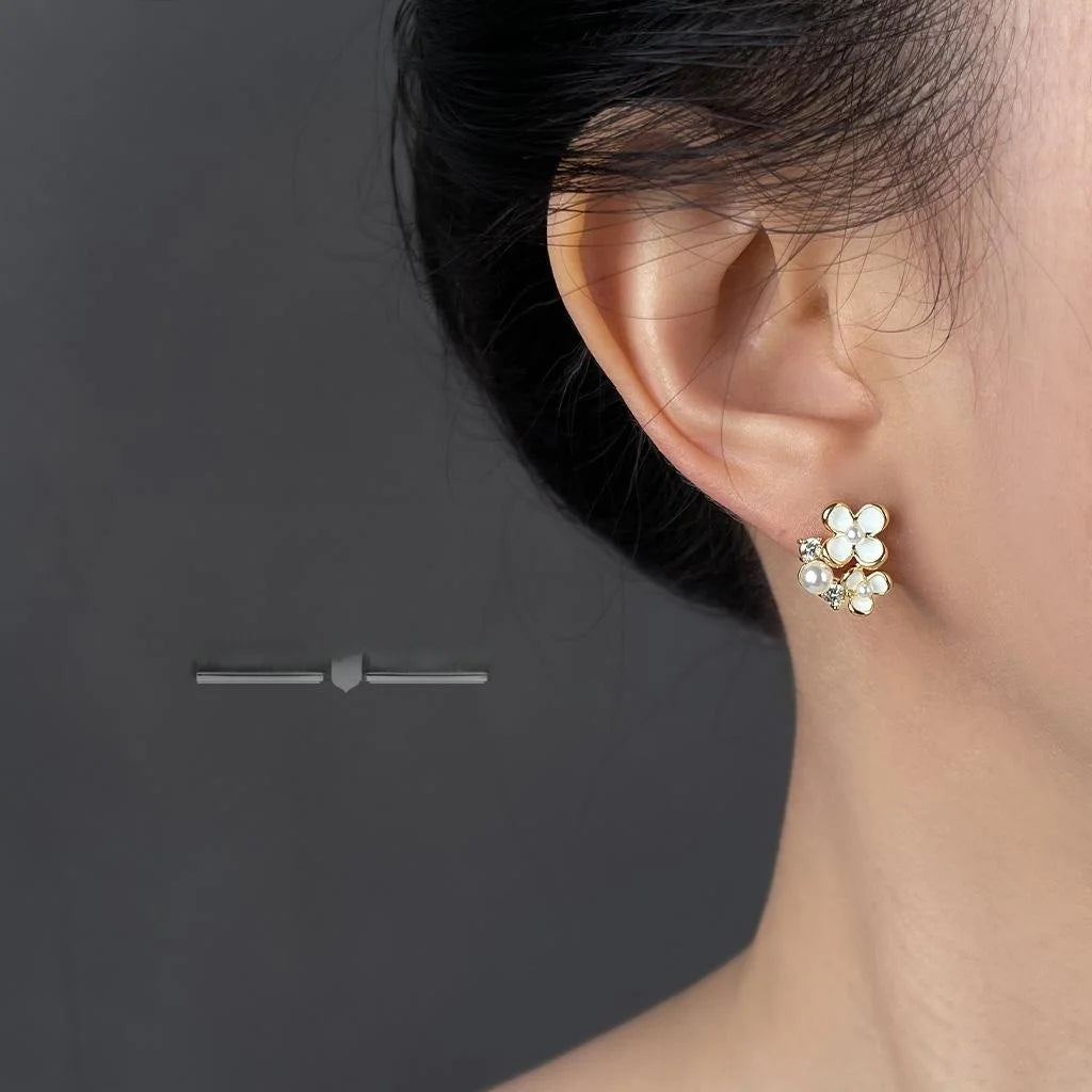 Sweet White Enamel Flower Stud Earrings Copper Micro Pave Zircon Mini Floral Jewelry
