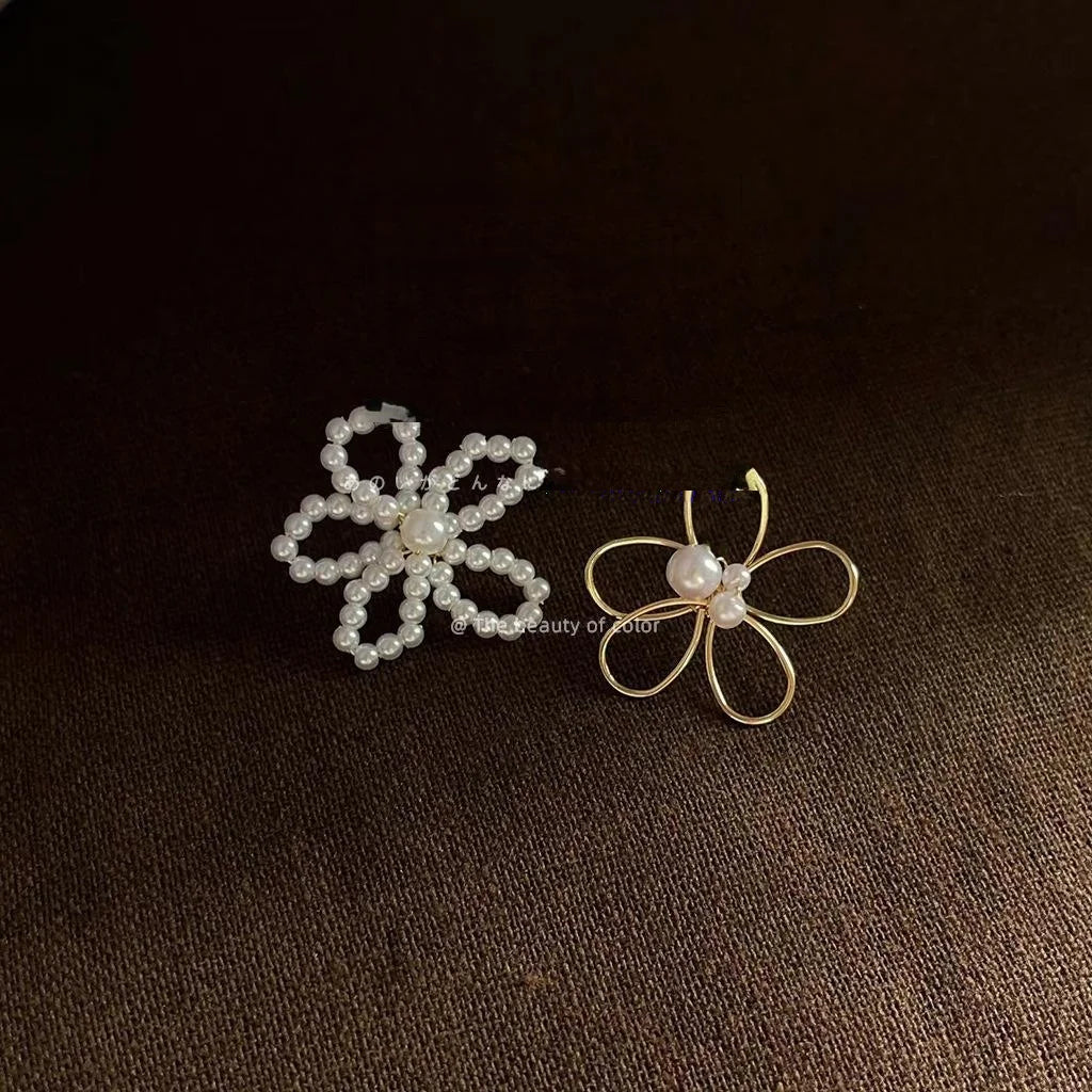 14K Gold Plated Handmade Asymmetrical Flower Pearl Resin Stud Earrings