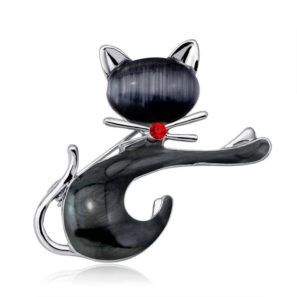 Cute Japanese Style Cat Eye Stone Cat Brooch With Gold Alloy Rhinestone Accents, Elegant Lapel Pin Gift