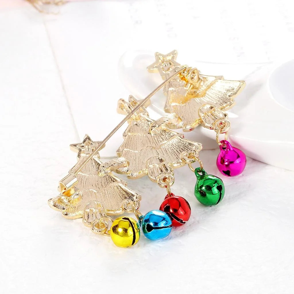 Cute Enamel Christmas Tree Brooch With Rhinestone Stars And Jingle Bells, Festive Lapel Pin Gift