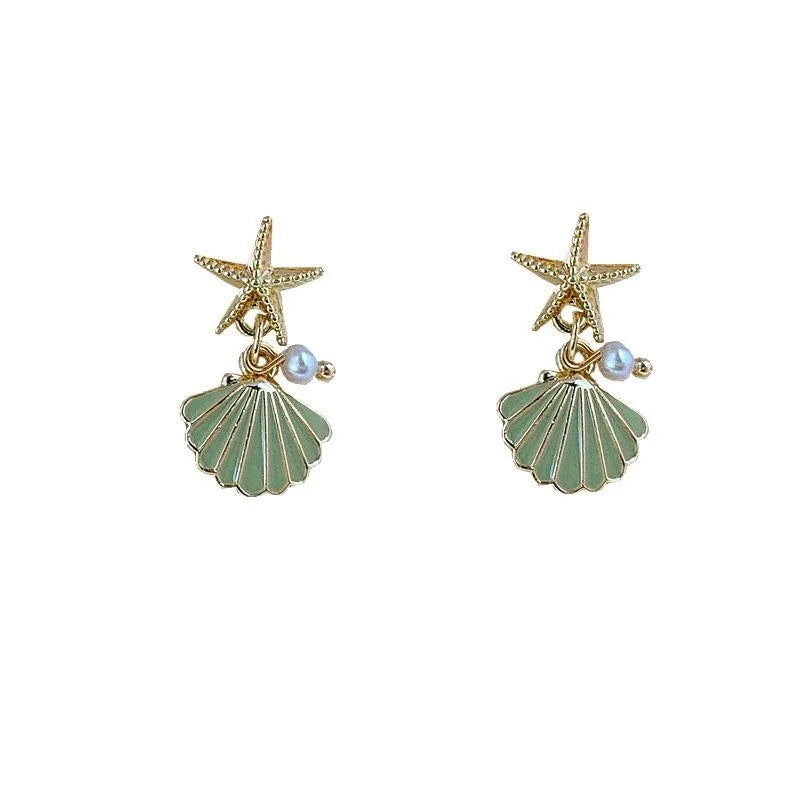 14K Plated Alloy Starfish Stud Earrings With Pearl Shell Korean Fresh Style Jewelry