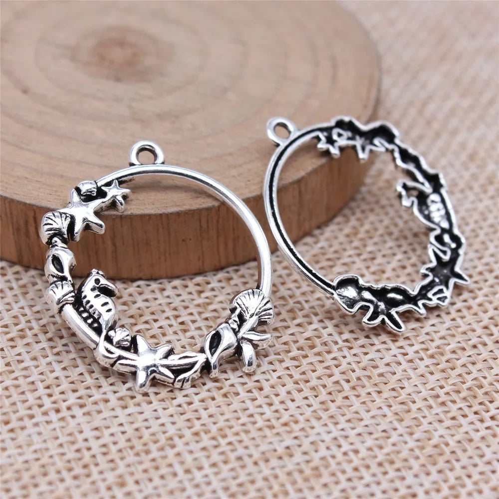 29x30mm 1.6g Antique Silver Zinc Alloy Shell Conch Starfish Seahorse Ring Charm Pendant for DIY Jewelry Making