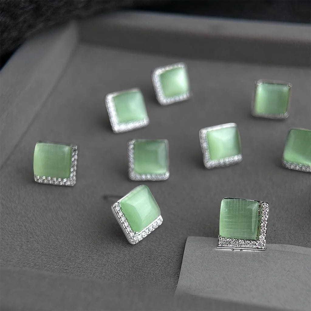 Copper Geometric Square Stud Earrings With Micro Pave Zircon And Green Glass Cat Eye Stone