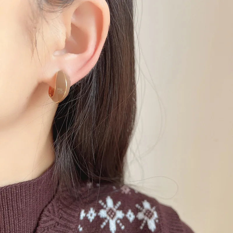 Elegant Vintage Brown Enamel Geometric Spiral Disc Alloy Wide Hoop Stud & Clip On No Piercing Earrings