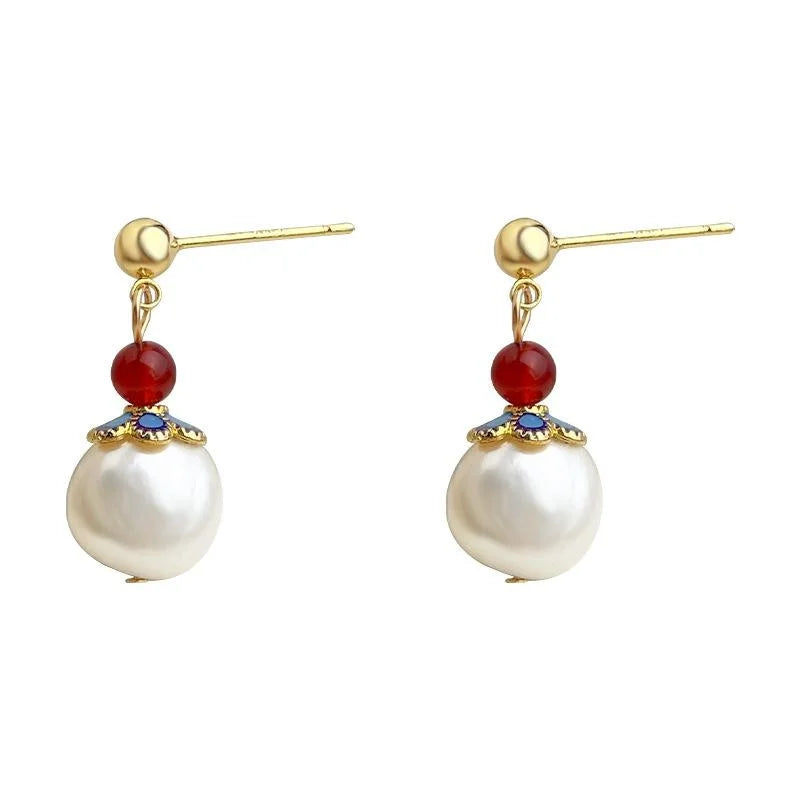 Vintage Baroque Natural Freshwater Pearl Geometric Round Drop Earrings For Women