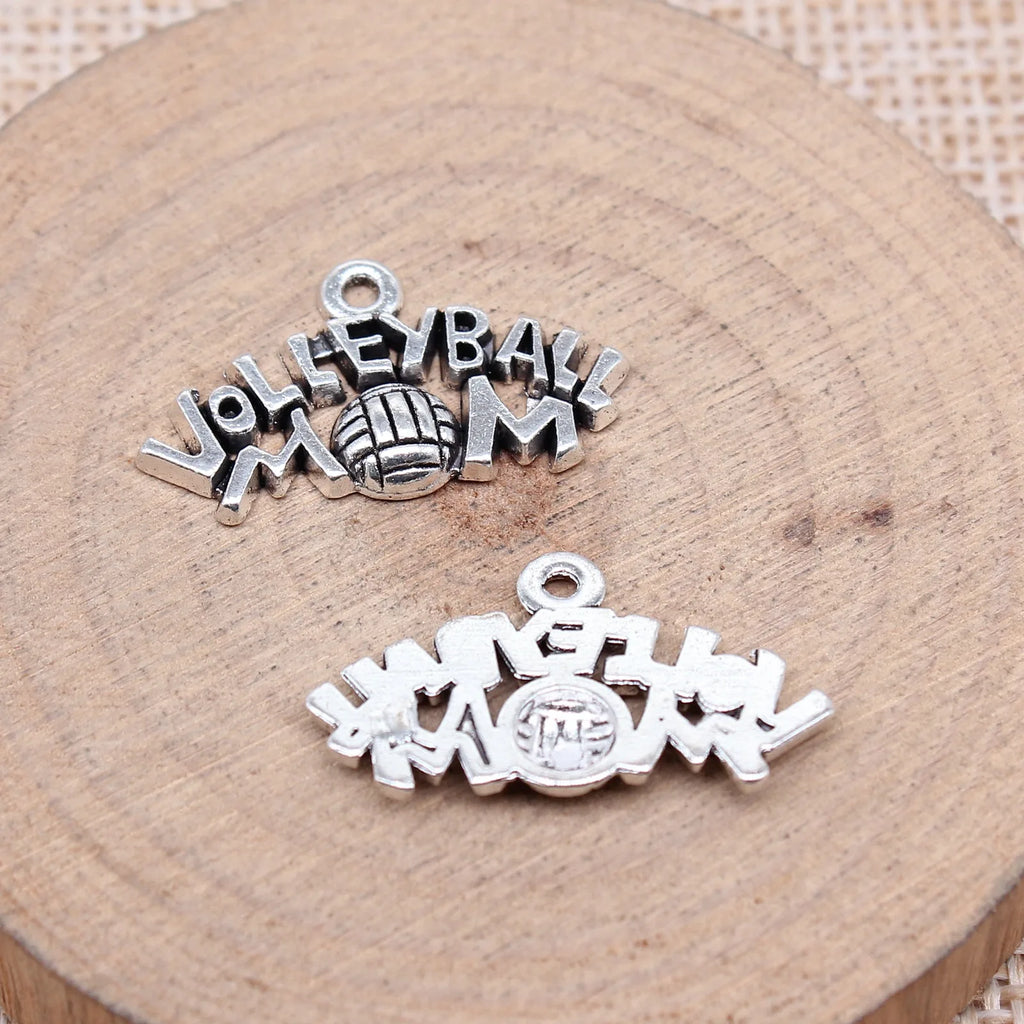 25x14mm 1.4g Antique Silver Zinc Alloy Volleyball MOM Charm Pendant for DIY Sports Jewelry Making