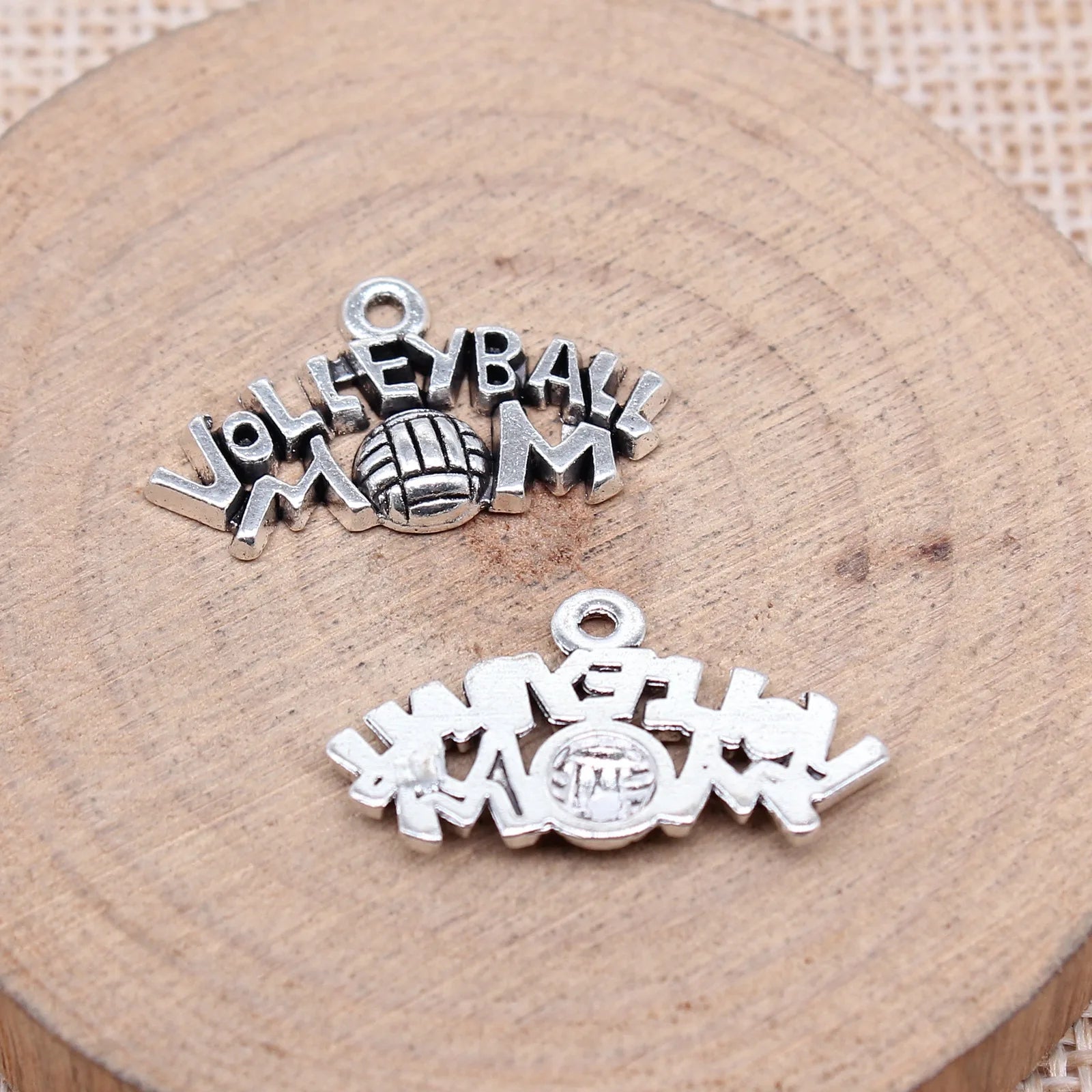25x14mm 1.4g Antique Silver Zinc Alloy Volleyball MOM Charm Pendant for DIY Sports Jewelry Making
