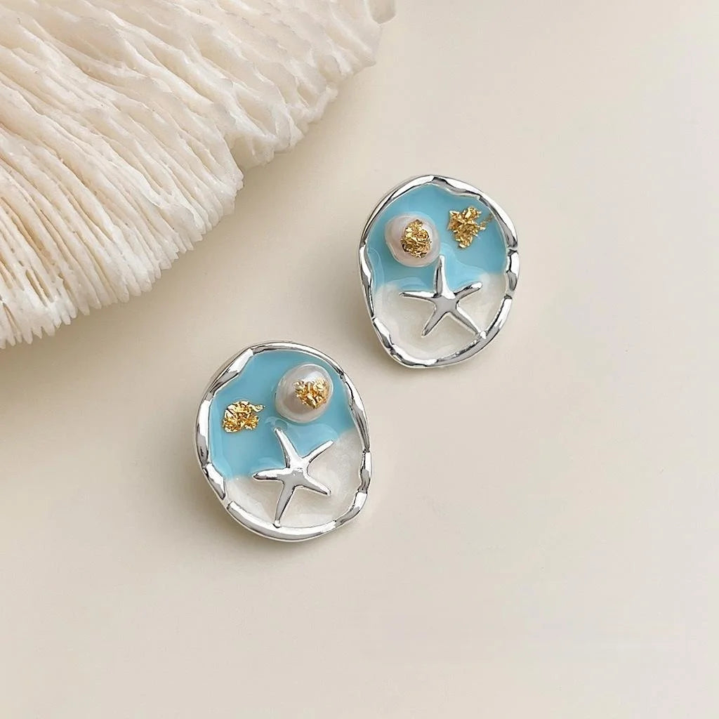 Sweet Freshwater Pearl Enamel Starfish Drop Earrings Silver Plated Beach Vacation Jewelry