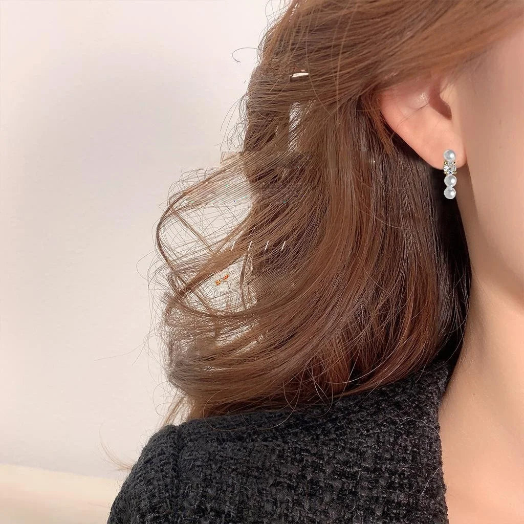 Minimalist French Pearl Bar Stud Earrings Copper Micro Pave Zircon Geometric Jewelry