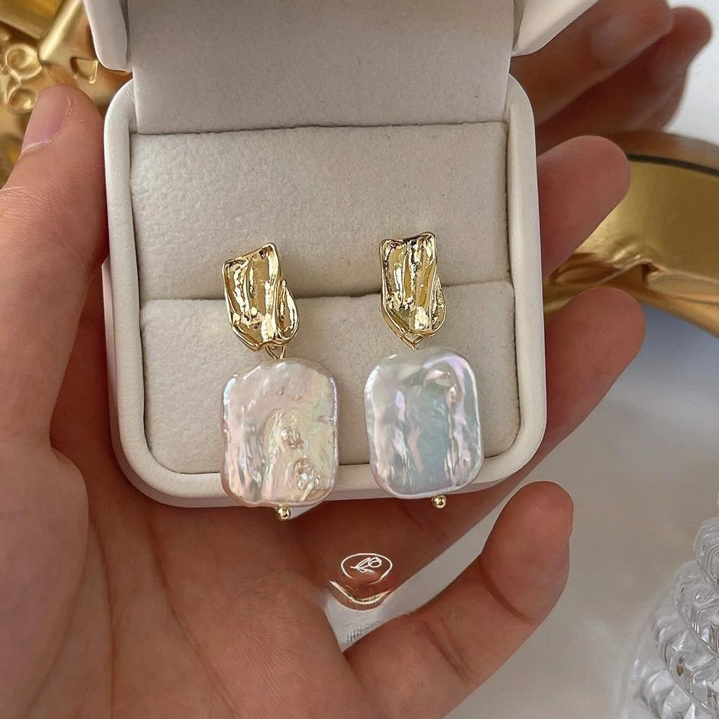 Baroque Irregular Freshwater Pearl Stud Earrings With 14K Plated Handmade Geometric Design